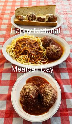 National Meatball day, March 9. Meatball parm hero, side order of meatballs, spaghetti and meatballs