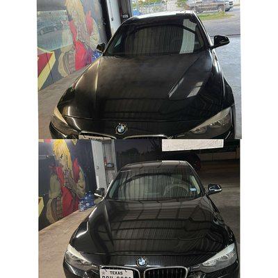 Before & After Color matching vinyl wrap on the hood of this BMW.