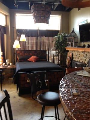 Woven copper bed and chandelier. Hot!!!