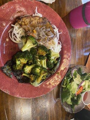 Pork, roasted broccoli, and some fancy noodles