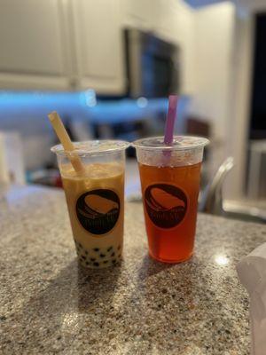 Peach bubble tea with boba & tropical fruit tea.