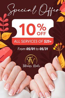 10% OFF all services of $25+
From 05/01 to 05/31