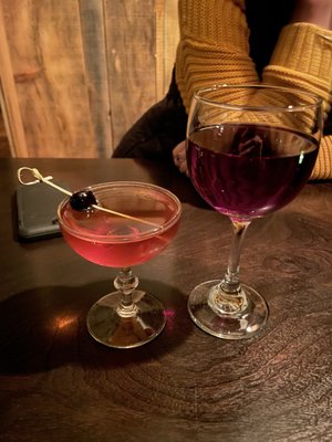 Manhattan straight up with bourbon and Pinot Noir