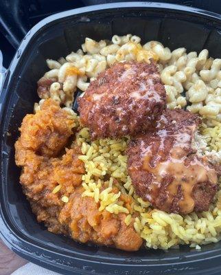 Vegan crab cakes, rice, sweet potatoes, Mac n cheese