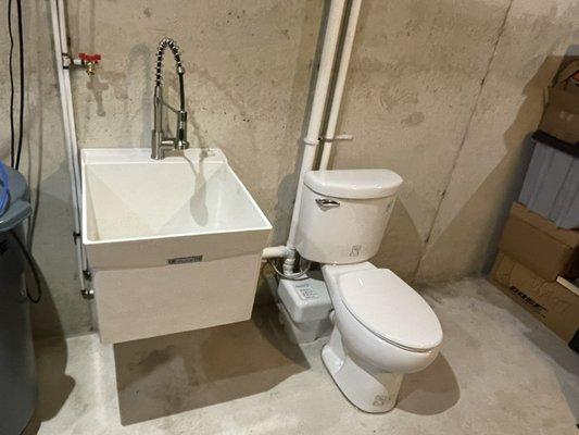 sink and toilet installed in a basement. up flush pump system