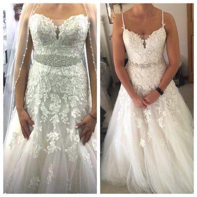 Left pic: choosing the gown at the bridal shop.
Right pic: after my alterations were complete. Now she is ready to get married!