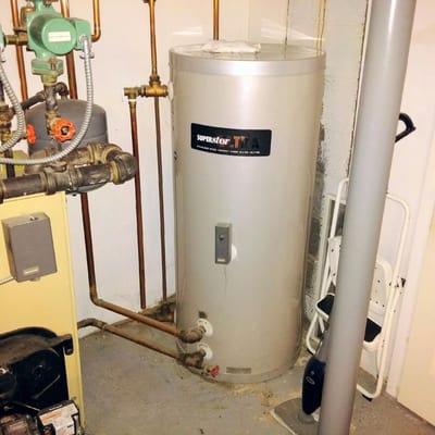 Indirect fired water heater. Gives you unlimited hot water installed by Fossati Plumbing Bedford, NY