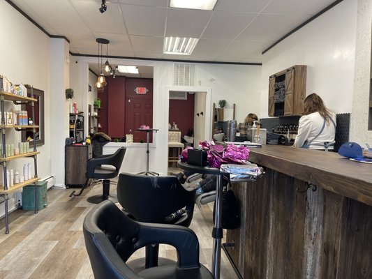 Inside the salon from the front end.