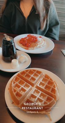 belgian waffle ($6.95) and strawberry cheesecake pancakes ($9.95)