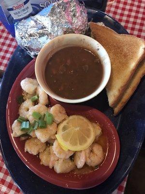 Shrimp Scampi, with baked potato and baked beans