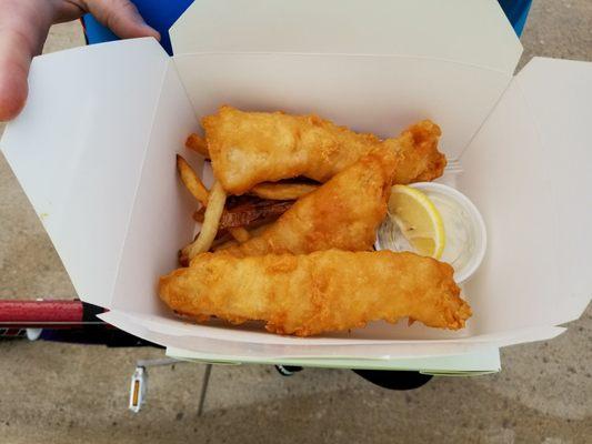 Fish and chips to go. Fresh and Delicious!