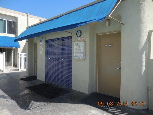 Bathrooms off pool at Huntington Pacific have showers, saunas and changing area.  Shower also on outside for rinsing off the sand