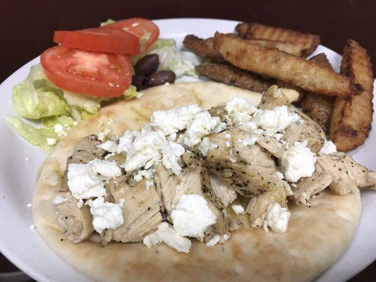 Greek Chicken on A Pita with Greek Potatoes