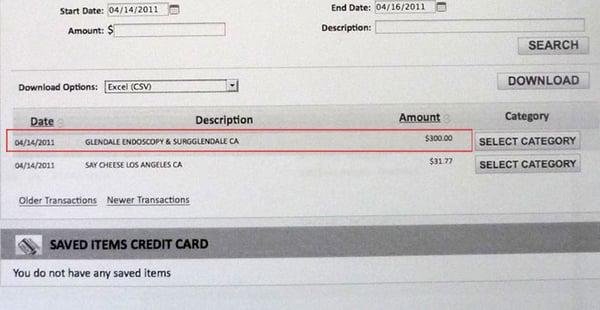 Credit card charge showing $300 paid to Glendale Endoscopy on April 14, 2011