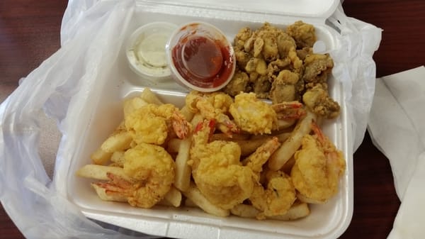 7 shrimp, pint of oysters fried up, fries - about $11