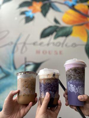 Vietnamese Coffee (left), Coffeeholic Dream w/ Ube Drizzle, Purple Haze (right)