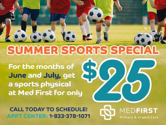 Call 1-833-378-1071 from June to July for a special $25 sports physical rate!