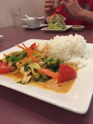 Chicken Pattani - Thai red curry w/coconut milk, carrots, baby corn, pea pods, green onions, broccoli, tomato, cashew nuts. Yum.