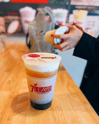 Sea cream jasmine tea (regular) + honey boba / $4.60 + $0.70 each