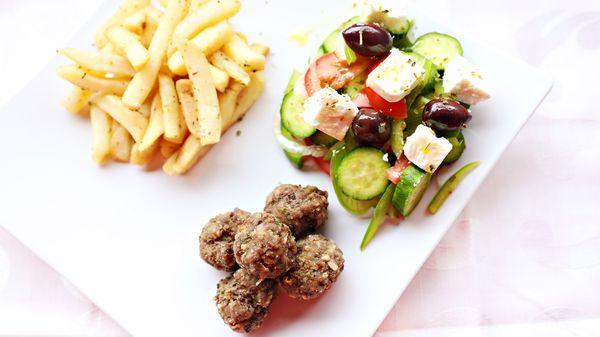 Lunch box 2
 Keftedakia-Mama's meat balls
  Fries with  Greek oregano
 Greek salad