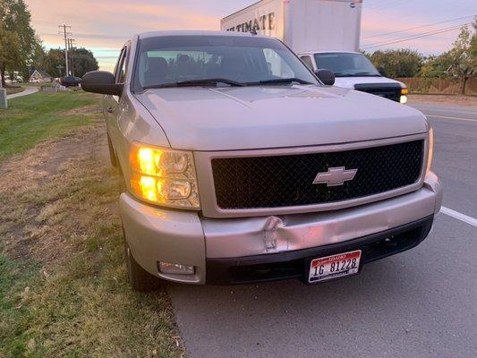 Truck accident. Damaged front end.