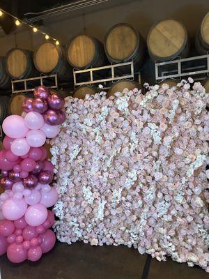 Flower Wall Rental with Ballon Garland at Domenico Winery. Pink was the theme and the event planner Rebekah  had all the tables set to amaze