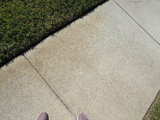 Overspray of chemicals on newly power washed sidewalk which extends down the road to other Customers homes