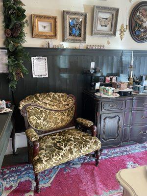 The shop is just so beautifully decorated. I especially liked the olive green velvet chair.