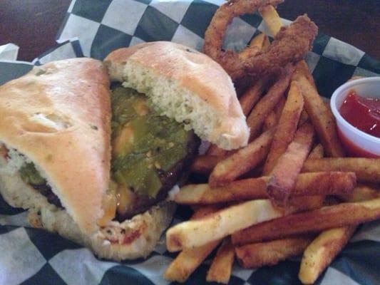 Green chile cheeseburger on jalapeño sourdough with hand-cut fries.