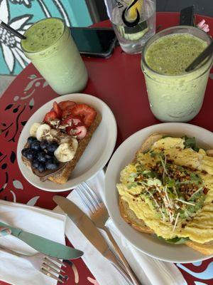 Nutella Toast and egg sandwich with two matcha drinks