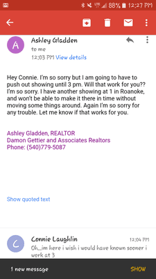 Notice time stamp after the time she set up which was 12 as im sittin in the driveway of the house she sends this unreliable,unprofessional