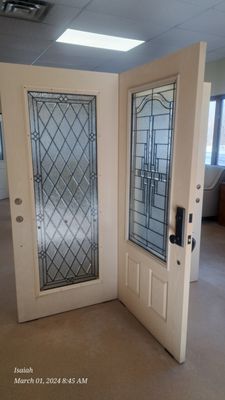 Oak textured fiber glass doors to the Alston full glass (left) and Templar 3/4 glass