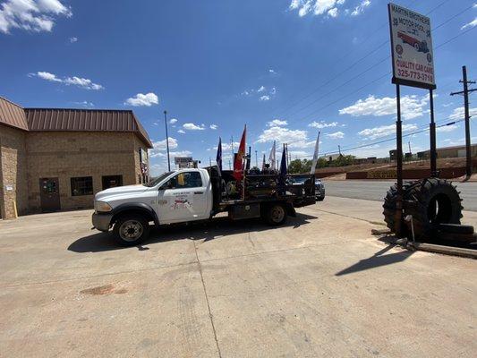 Service truck getting ready for Stamford 4th of July parade at the shop in Stamford