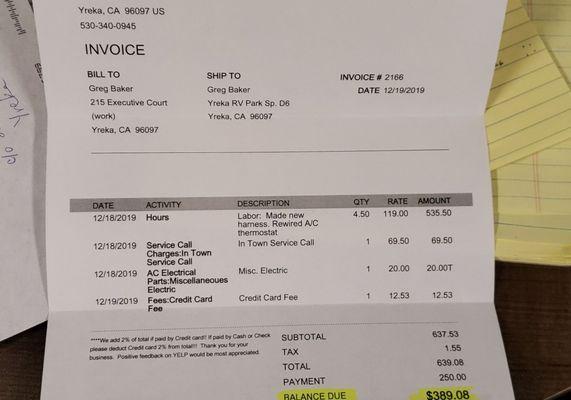 Randy's invoice... Randy's shop is 3 minutes from the Randy billed my credit card without my authority or signature