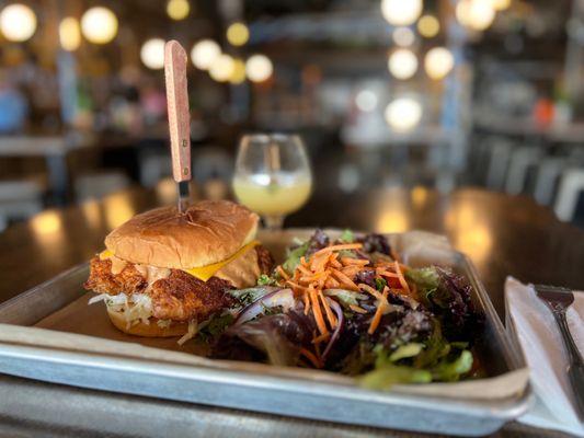 Nashville style spicy chicken sandwich. ...with a beer (of course).