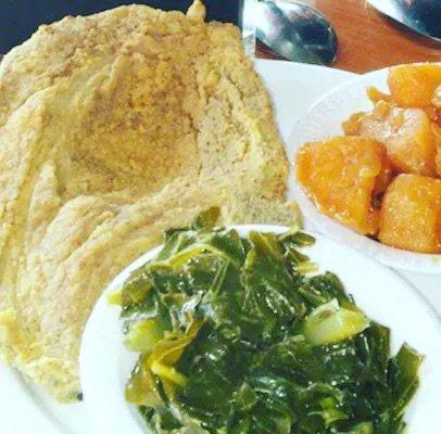 Fried Pork Chop with collards and glazed yams