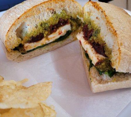 Veggie Sandwich: spinach, mozzarella, dried tomatoes, and pesto on ciabatta.