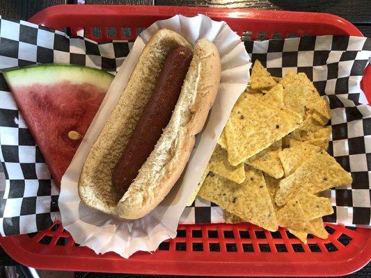 Kids' meal hot dog, chips, and fruit at Lady Bird Lane Cafe at the Science Mill