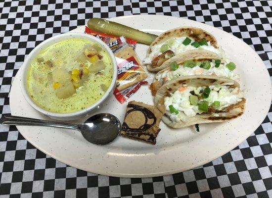 Lunch Special - Fish Tacos, New England Clam Chowder & Dessert