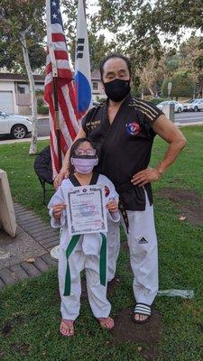 Grandmaster Lim and Gaby at the park for Certification and Belt awards, October 2020