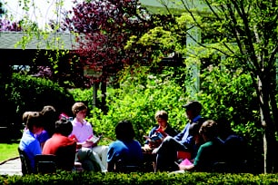 English class in the courtyard on a spring morning