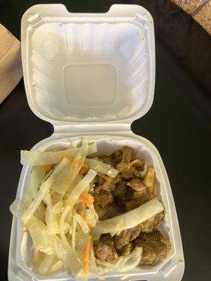 My order--curry goat, plantains and one dumpling