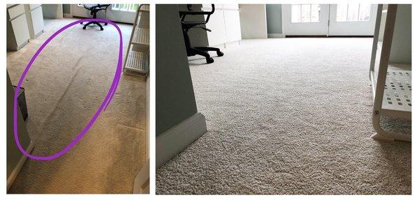 Picture on the left is what the TAC carpet installation looked like after about 14 months. Picture on the right is after Empire fixed it.