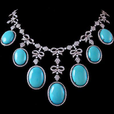 Large Turquoise & Diamond Necklace, set in 18 karat White Gold