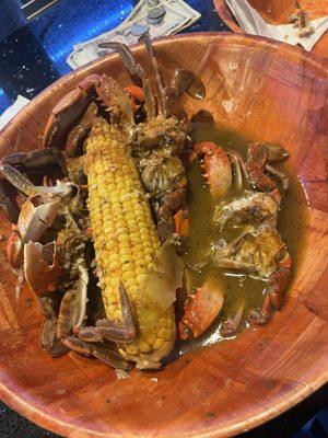 The remains of my crab bowl with corn potatoes and blue crabs