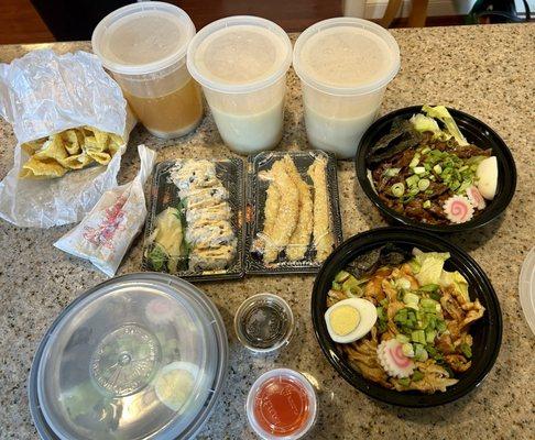 Shrimp, crab rangoon, spring rolls, cali roll, udon noodles-pork, chicken, beef