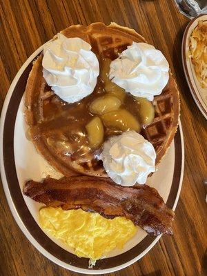 Belgian Waffle with (canned) apples, bacon and scrambled egg. DONT ORDER THE APPLES