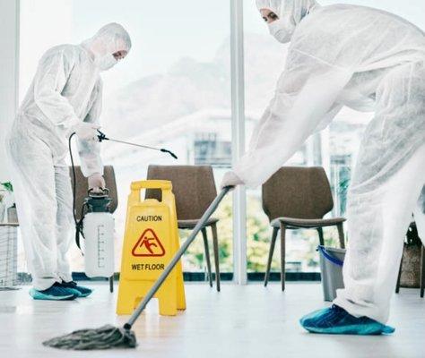 Electrostatic spraying all furniture while cleaning and disinfecting the floors.