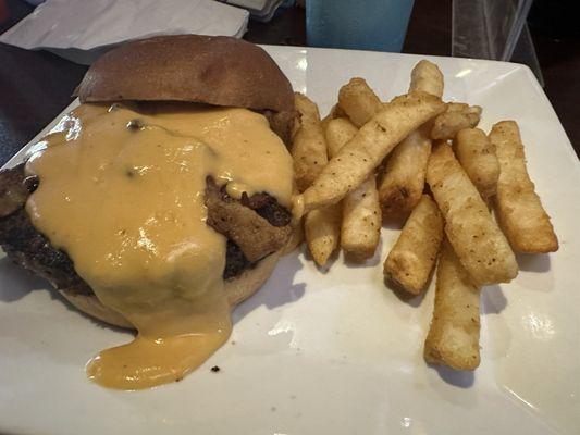 Beer cheese burger with fries