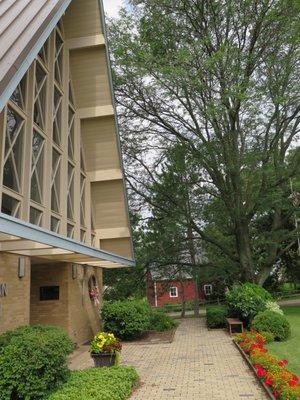 The front of the church in summer.